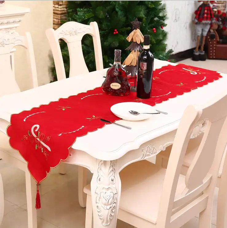 

Embroidered Christmas Table Runner Mat Hollow Tablecloth Christmas Flag Home Party Decor Red Table Runners Christmas Decorations