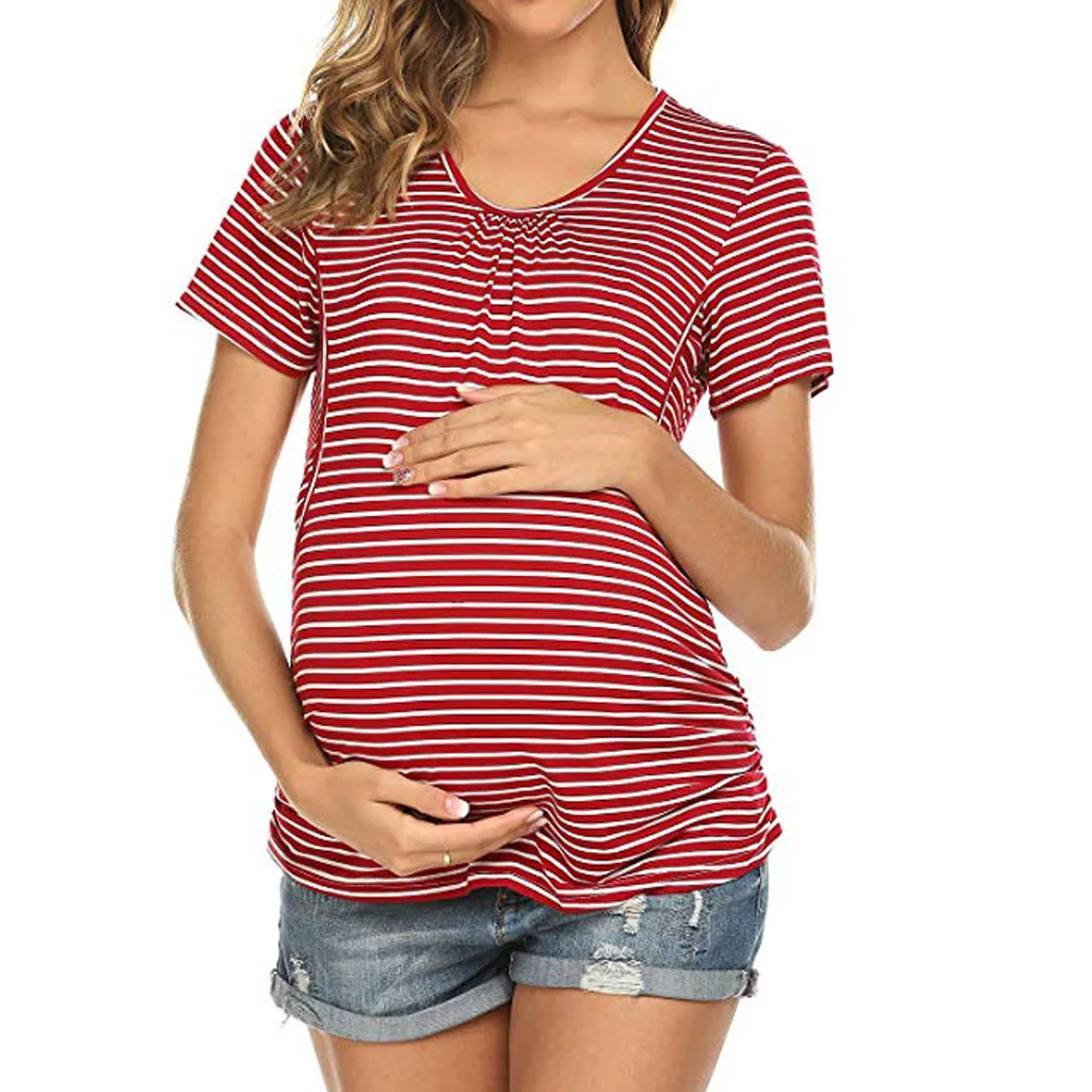 Топы для беременных Хлопковая женская блузка для кормления летняя одежда для беременных рубашки модная полосатая блузка с круглым вырезом и коротким рукавом