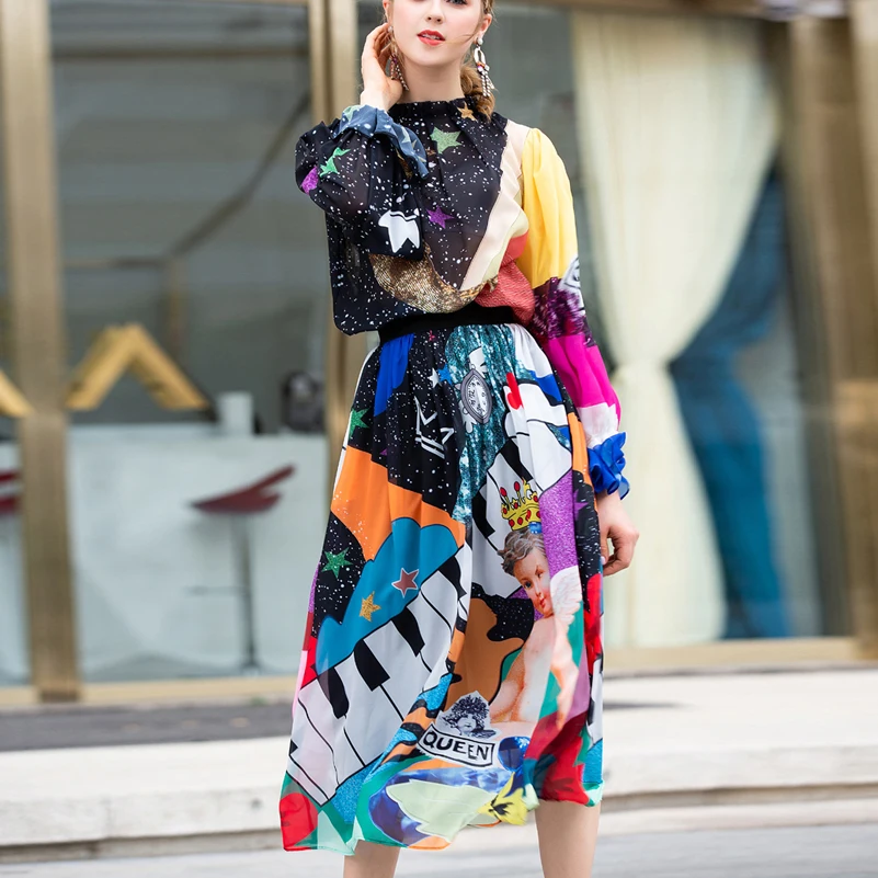 

High quality 2019 designer summer fashion set Womens tops and blouses+Pattern Printed elegant Midi skirt Vintage Two Pieces Sets