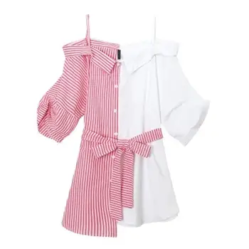 

Summer Off shoulder Cotton Dress Women Fashion Clothes Mini Dress Bowknot Stripe Pattern Color Matching Sling Elegant Dresses
