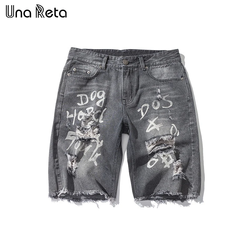 Una Reta Denim Shorts Mens 2018 new Broken hole design Hip hop shorts Vintage washed black grey Printing Denim shorts Men