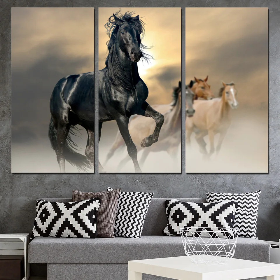Canvas Wall Art Pictures Modern Home Decor 3 Pieces Black Horse Animal
