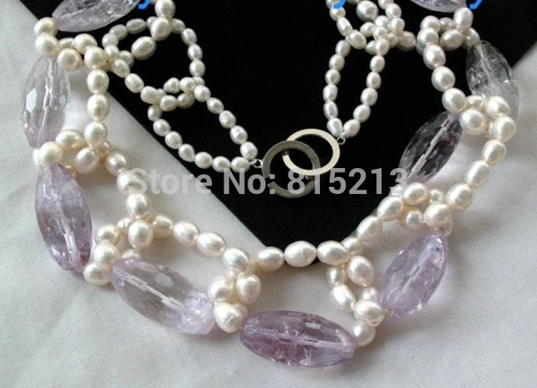 

FREE SHIPPING>@@> N1380 Natural White Rainbow Rice Freshwater Pearl&Amethyst Necklace
