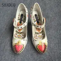 2018 shaduo women Love peach doodle print cartoon character pattern decorative high heel wedding party rhinestone buckle shoes