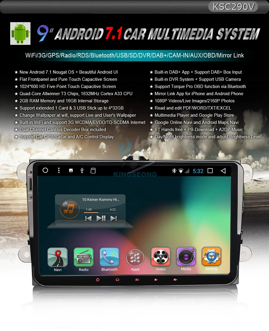 Excellent 9"Android 7.1 Car Stereo MP3 Player GPS Radio DAB+ for Volkswagen Passat CC Scirocco Jetta Autoradio 3G Wifi obd 2GB RAM BT DVR 0