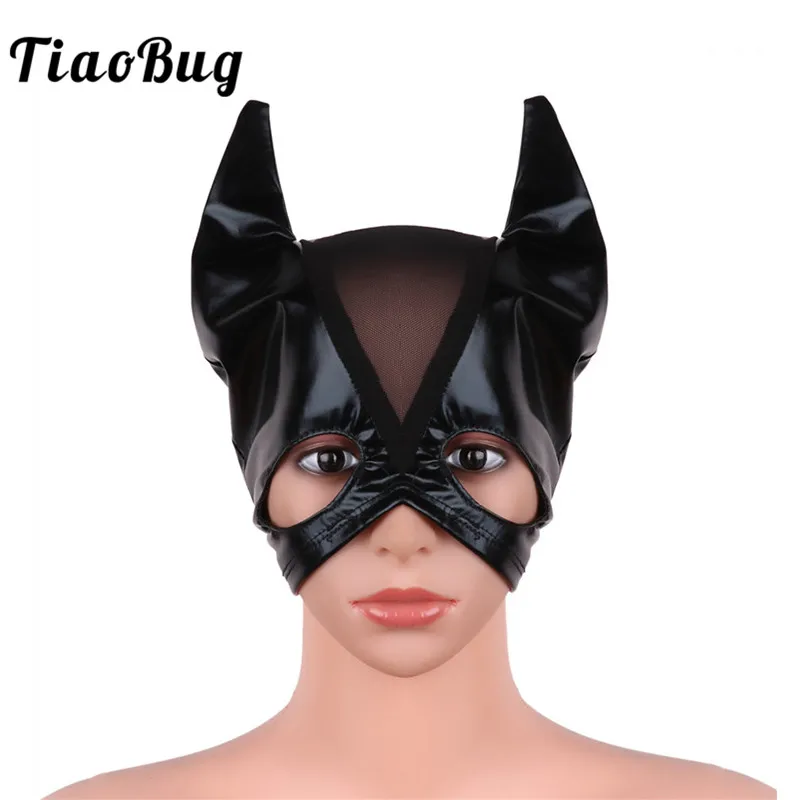 

TiaoBug Adult Black Handwork Patent Leather Open Eye Mask Headgear Women Halloween Masquerade Anime Cosplay Costume Accessories