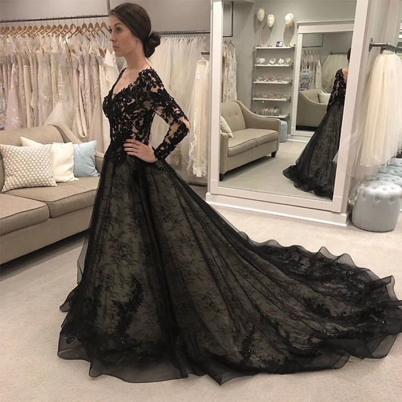 

Vestido De Noiva Black Wedding Dresses Long Sleeves V-neck Lace Bridal Gowns A-line Appliques Beaded Wedding Dress With Color