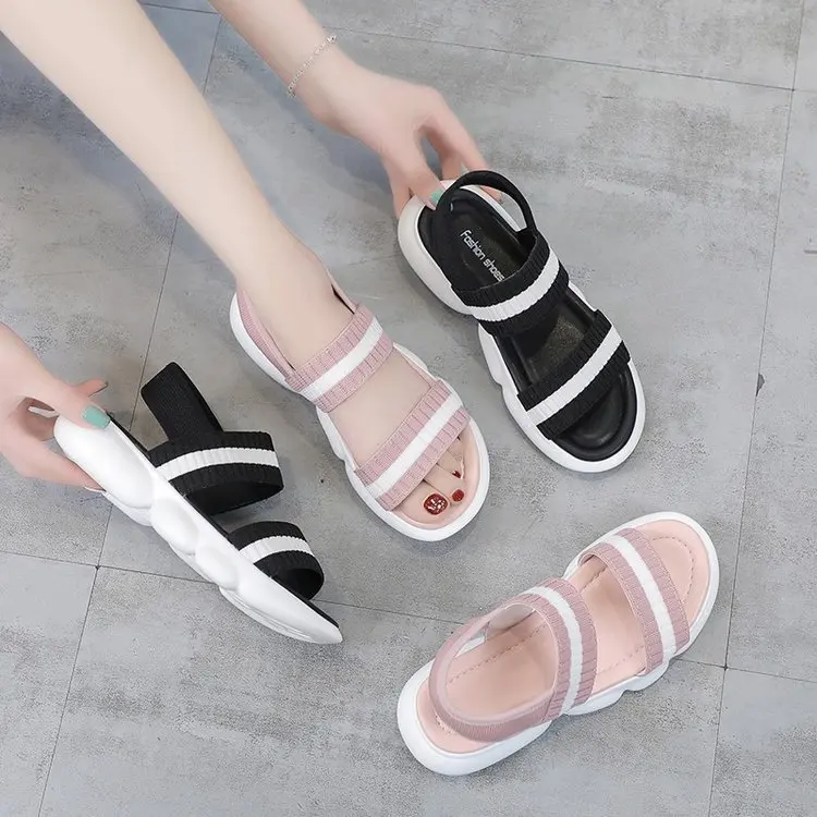 

2019 summer new fashion simple striped casual sandals women comfortable wild elastic cloth sandals