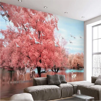 

beibehang Large Custom Wallpaper Mural Dream Pink Tree Elk Swan Lake Landscape TV Background Wall papel pintado wallpapers