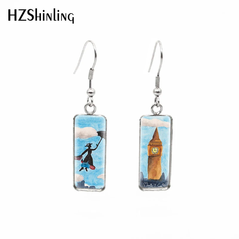 

2019 New Mary Poppins Flying Over London Rectangular Earring Glass Dome Fish Hook Earring Hand Craft Jewelry