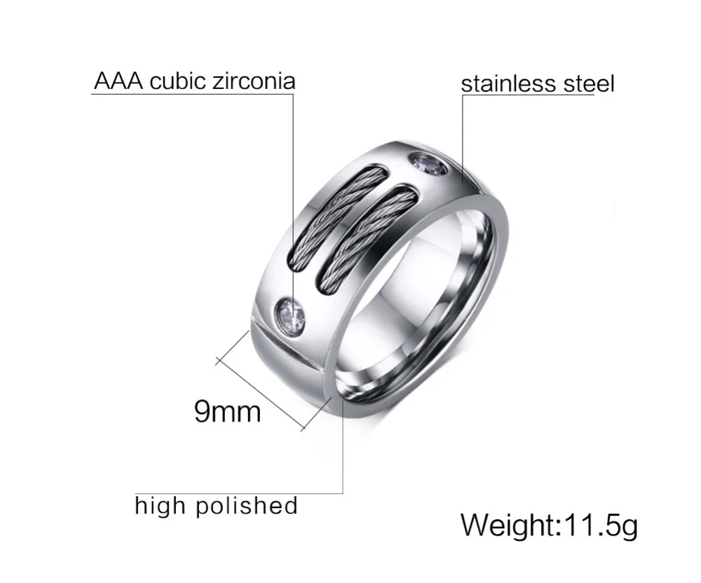 Meaeguet Stainless Steel Wire Ring For Men Punk Rock Ring With Cubic Zirconia Party Jewelry