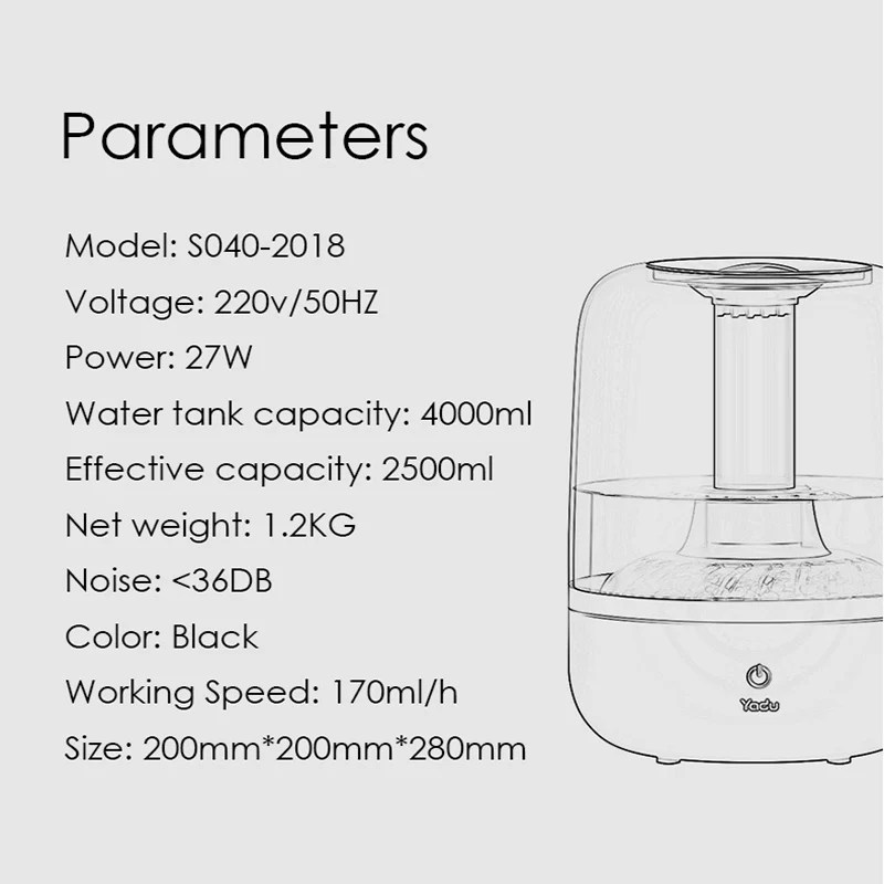 S040 бытовой увлажнитель воздуха, черный чистый тип увлажнителя, 4000 мл, очищенная вода, качественный диффузор, легко чистый распылитель, очиститель
