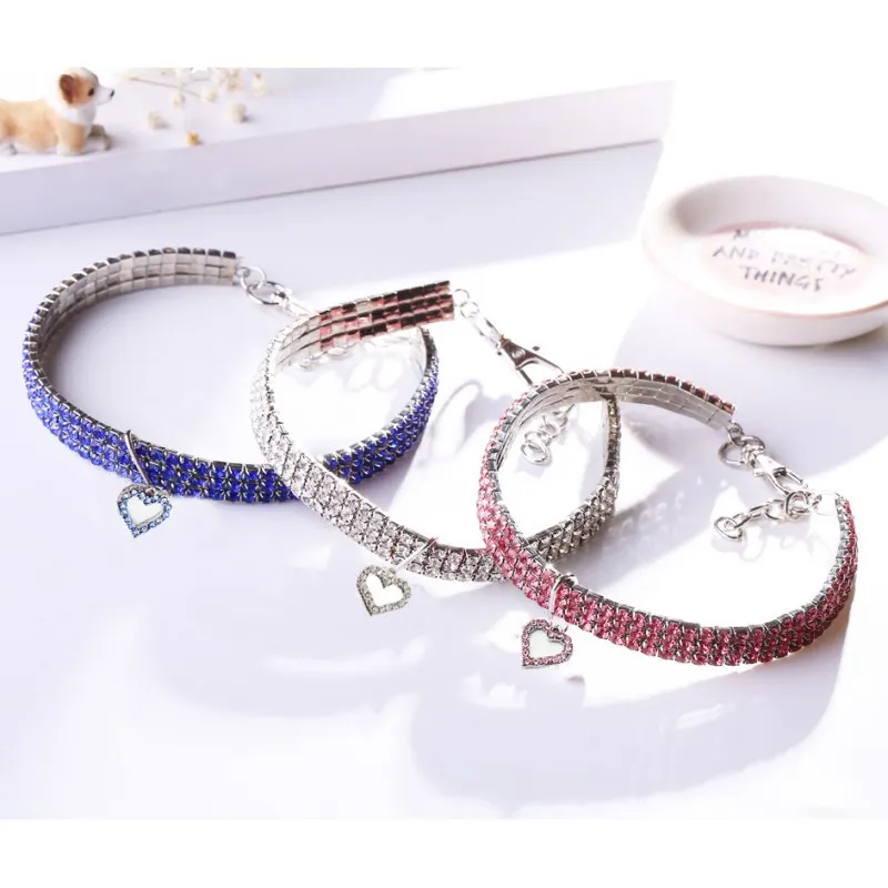 

Shiny Rhinestone Dog Collar Elastic Bling Dog Neck Ornament Collars With Love Heart Pendant For Small Medium Puppy Chihuahua Dog