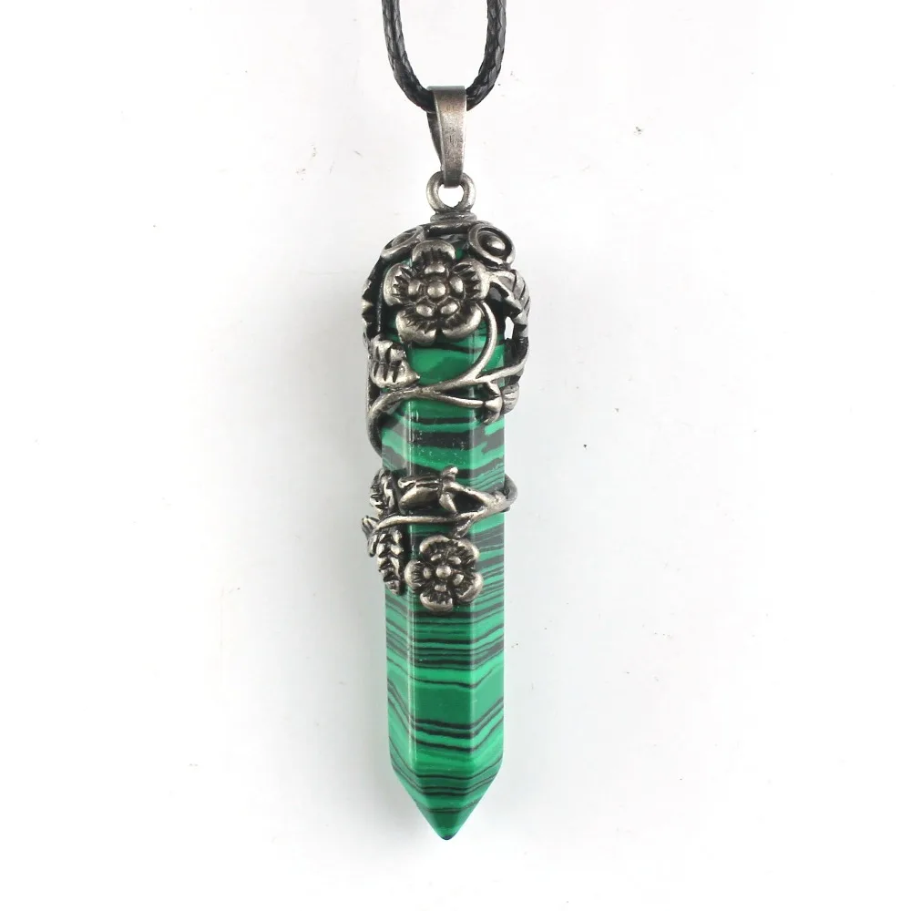 100-Unique Popular Silver Plated Hexagonal Prism Inlay Flower Leaf Malachite Stone Pendant Fashion Jewelry | Украшения и