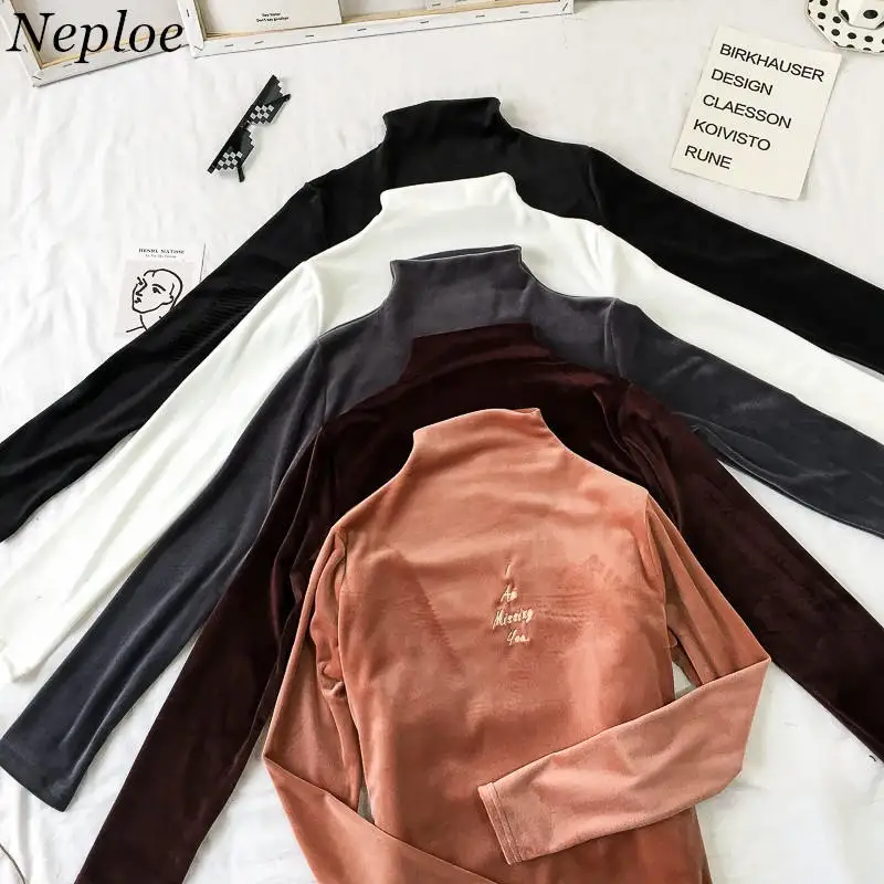 

Neploe Velour Long Sleeve T Shirt Letter Embroidery Shirts Korean Half Turtleneck Top Tee Autumn Winter Warm Bottom Shirt 37229