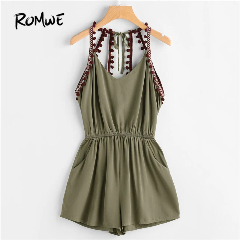 

ROMWE Embroidered Taped Pompom Trim Open Back Romper New Summer Mid Waist Knot Pocket Female Top Sleeveless Straps Romper
