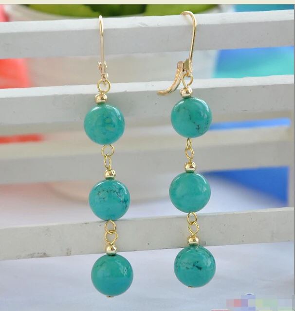 

A S1585 3row 10mm green round turquoise bead dangle earring