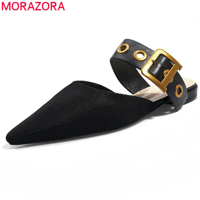 

MORAZORA 2019 big size 43 genuine leather women slipper buckle summer mules shoes pointed toe prom party flat shoes woman