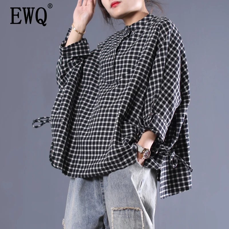 

[EWQ] Spring Summer Of 2019 New Pattern Round Collar Long Sleeve Single Breasted Plaid Patchwork Vintage Shirt Women AD86903