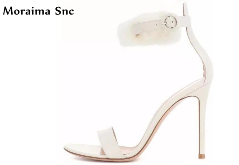 

Moraima Snc Newest sexy women Rome type sandals Ankle strap buckle Faux fur Decoration thin high heel party sweet shoes