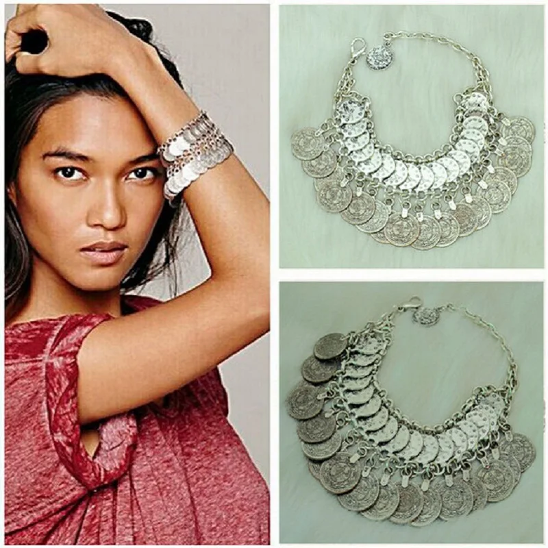 

LZHLQ Bohemian Women Coin Tassel Bracelets Multilayer Metal Plating Drop Chain Bracelet Trendy Vintage Carved Jewelry Statement