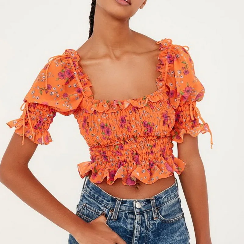 

Sexy Women Summer Blouses 2019 New Fashion Tropical Beach Style Square Neck Short Shirt Elastic Bust Modern Lady Crop Tops