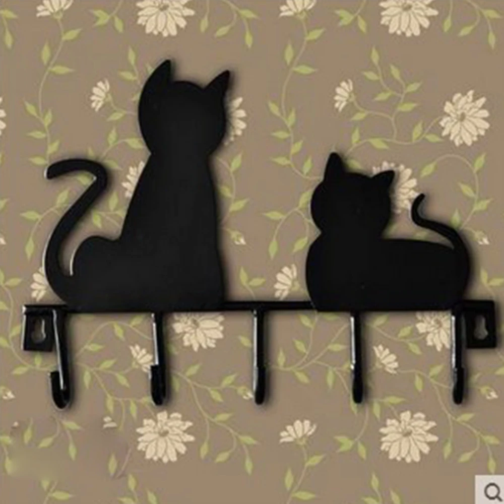 С милым рисунком кота, металлический Железный халатик крюк в стену прямой с 5 Крючки Настенный декор шляпа вешалки для пальто, одежды стеллаж для хранения ключей держатель Домашний Органайзер