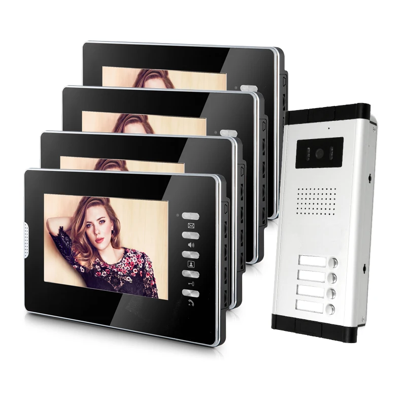 

FREE SHIPPING 7" HD Video Intercom Apartment Entry Door Phone System 4 Monitor 1 Doorbell Camera 4 Button In Stock Wholesale