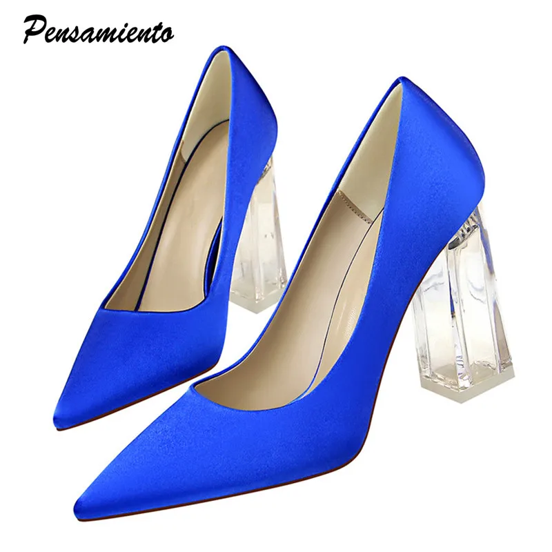 

2019 Women Pumps Plus size 34-43 Office lady shoes Crystal Clear chunky High heels Fashion Shallow Spring Autumn shoes Woman