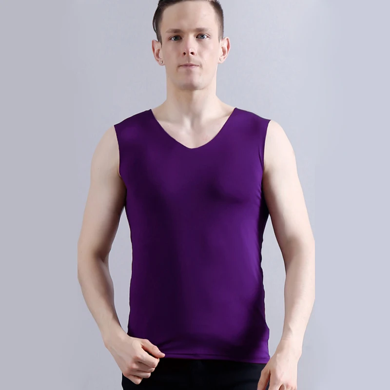 Летняя мужская бесшовная Майка Canotte Ice Silk Tank Top удобный Стрингер Мышцы жилет без рукавов для бега фитнес тренажерный зал одежда - Цвет: Фиолетовый