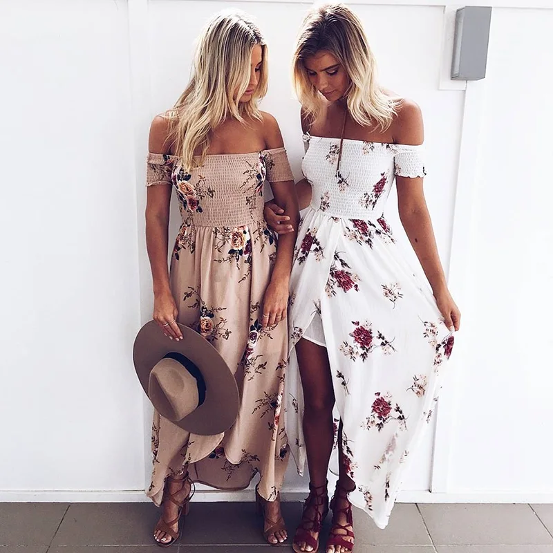 

Boho Floral Print Beach Maxi Dress Summer Women Short Sleeve Sexy Strapless Off Shoulder Wrap Long Dress Plus Size XS-5XL Jurken