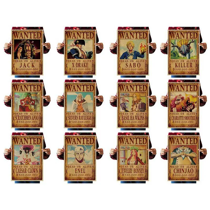 

One Piece Coated Paper Posters Luffy Wanted Cartoon Movie Kraft Paper Wanted Poster Wall Decorative Sticker