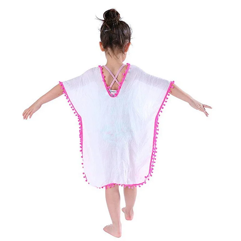 Sfit, летняя мода для девочек, купальный костюм, накидка, Пляжное Платье Топ с помпон-кисточка, детский пляжный Повседневный купальник, пляжная одежда