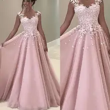 Robe De Soiree тюлевые вечерние платья с коротким рукавом Длинные розовые вечерние платья кружевное официальное платье с аппликацией вечерние vestido elegante