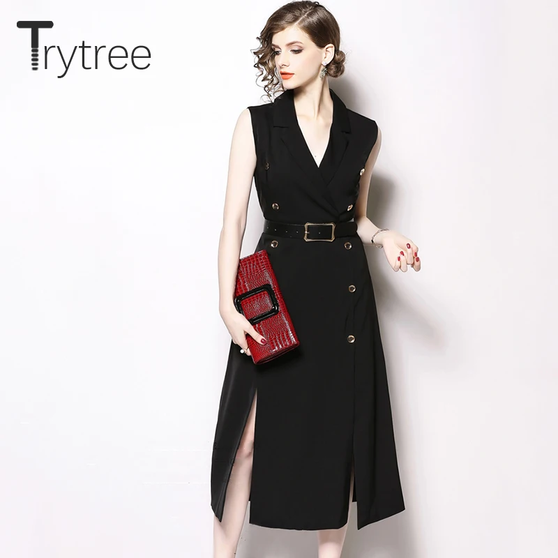 Trytree/летнее осеннее платье Формальное женское черное однотонное без рукавов
