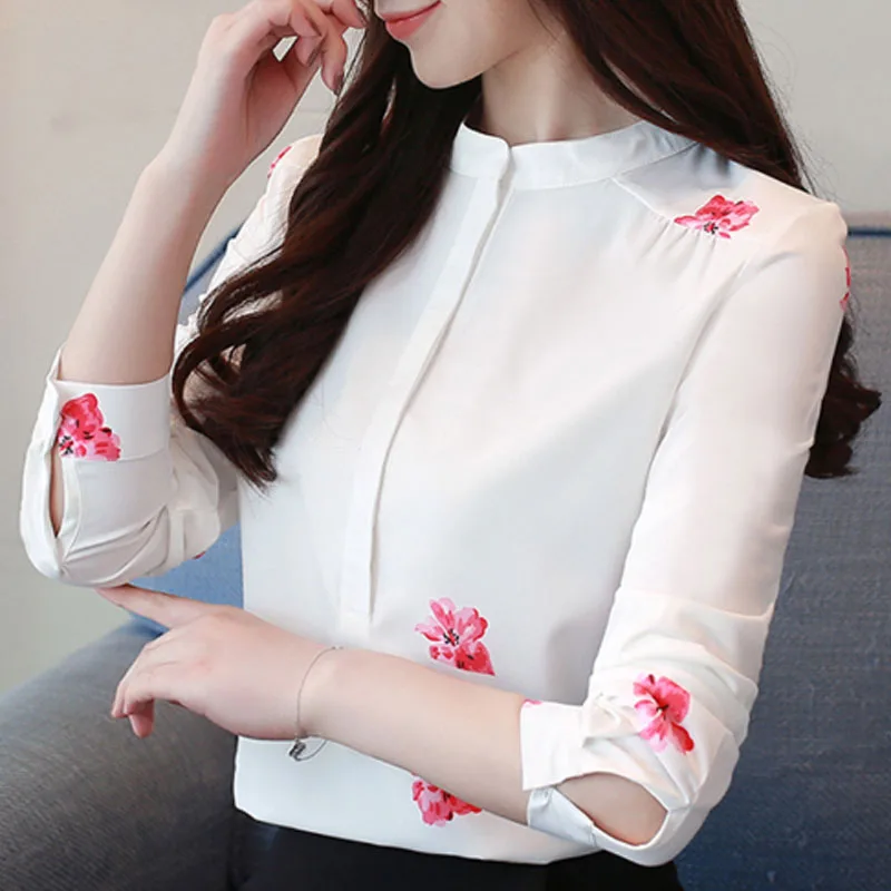 Модные женские блузки принт Женская Блузка офисная блузка женская плюс размер белая блузка с длинным рукавом Женские рубашки стойка 1042 40