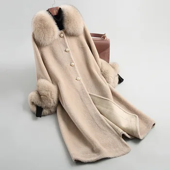

Natural wool coat women beading button real fox fur collar cuff fashion fur jacket new 2019 autumn winter