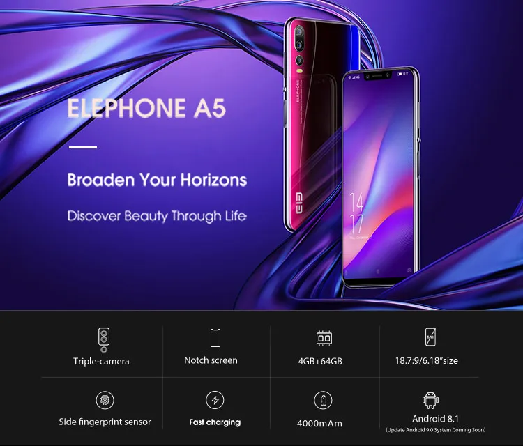 European Union Version ELEPHONE A5 4GB RAM 64GB ROM Helio P60 MTK6771 2.0GHz Octa Core 6.18 Inch Incell FHD+ Full Screen Triple Camera Android 8.1 4G LTE Smartphone