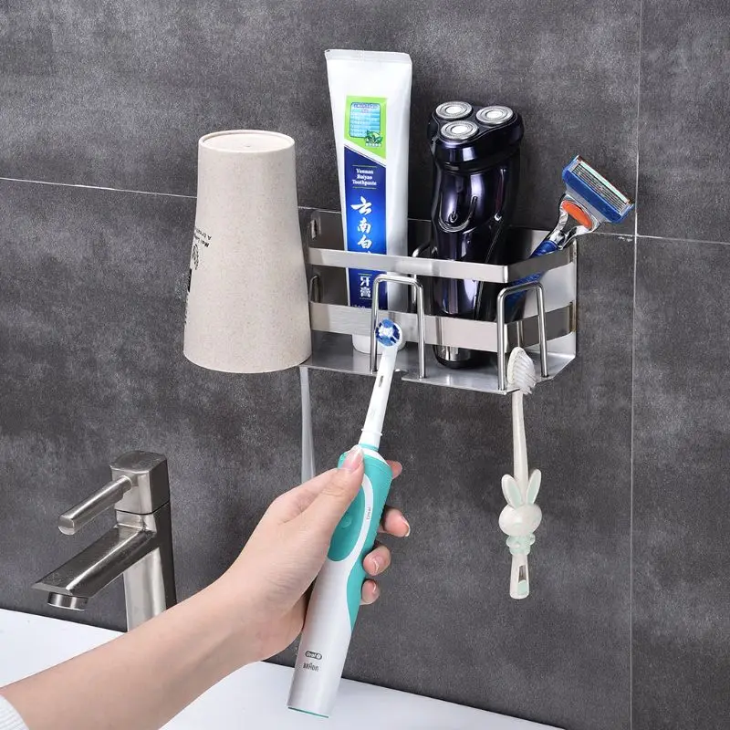 Stainless Steel Toothbrush Toothpaste Stand Rack Adhesive Bathroom Organizer New