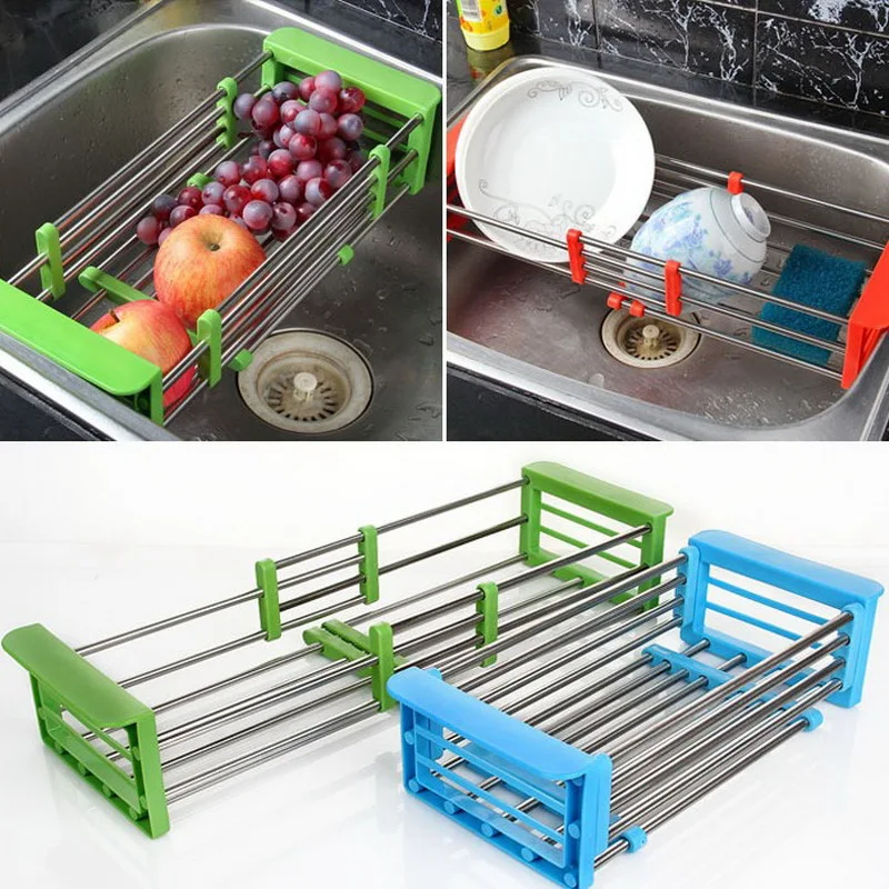 

New Kitchen Roll Up Dish Drying Rack Foldable Stainless Steel Over Sink Fruit Vegetable Drainer Bowl Storage Holder Rack