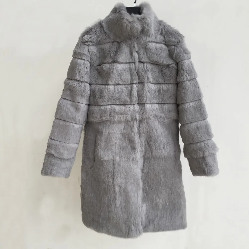 

2019 Mandarin Collar Natural Rabbit Fur Coat with Striped Cut Outwear for lady keep warm Long plus size Jacket ksr418