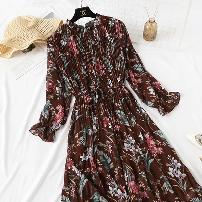 Весна, новое французское винтажное платье с цветочным рисунком, рукав три четверти, в горошек, свободное, большой размер, с талией, летнее шифоновое платье 637 - Цвет: coffee dahua