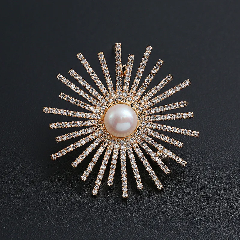 

XIHA Mirco Pave CZ Zircon Pins and Brooches Sunflower Luxury Large Brooch for Women Imitation Pearl Jewelry Suit Scarf Clip