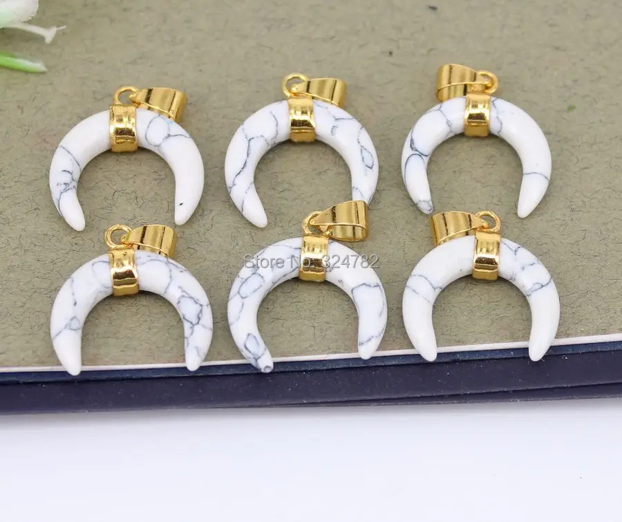 

10pcs Fashion Small Size Nature White Stone Crescent Pendant With Gold Metal,charm Gem stone Horn Pendant for Making jewelry