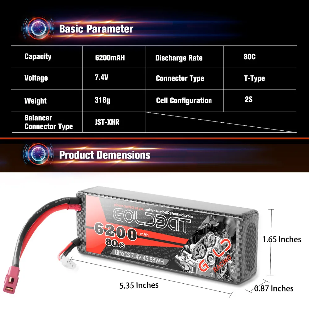 Аккумулятор GOLDBAT Lipo 2 шт. 7 4 В 2S 80C 6200 мАч|Детали и аксессуары| |