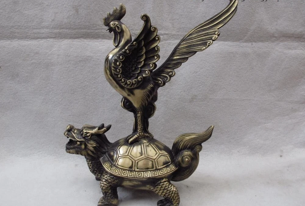

Palace Classic Bronze Copper Feng Shui Evil Cock phoenix on Dragon Turtle Statue