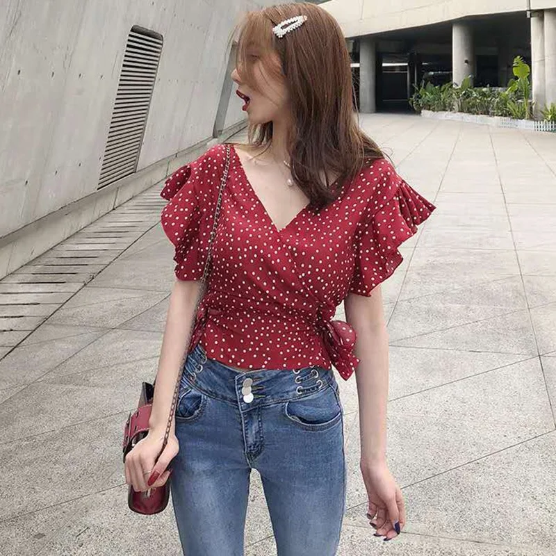 chiffon blouse 2019 Women Short Sleeve Lace Up Blouse Top Dot Print V-Neck Shirts Ruffles Chiffon Blouse black long sleeve top