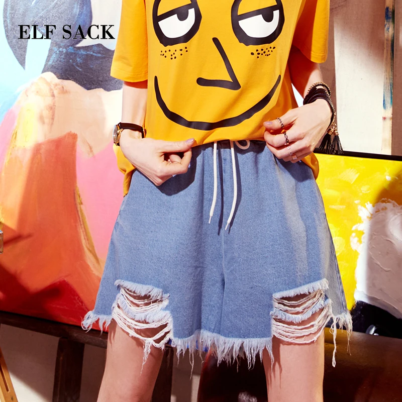 

ELF SACK Summer Denim Women Shorts Water Washed Light Blue Jeans Flare Hole Shorts Womens Hot Denim Korean Style Cut Elastic
