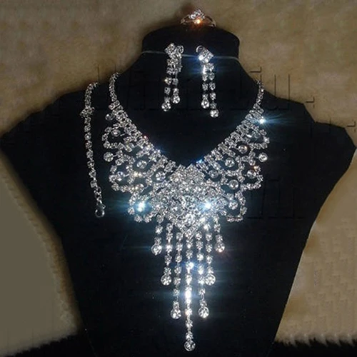 Women Bridal Rhinestone Necklace Earrings Bracelet Ring Fashion Jewelry Set