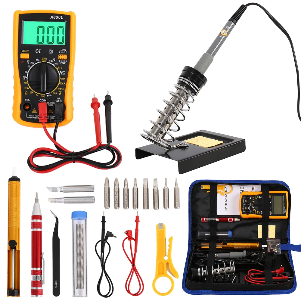 

220V 60W Soldering Iron Kit Adjustable Temperature Soldering Iron Station Digital Multimeter Welding DIY Tool Set
